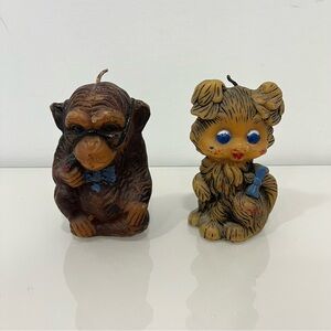 Set of 2 Animal Delights Vintage Hand Painted Wax Candles Kitten Monkey NEW 5”